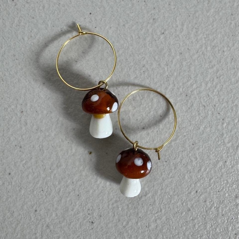 Glass Mushroom Gold Hoop Earrings